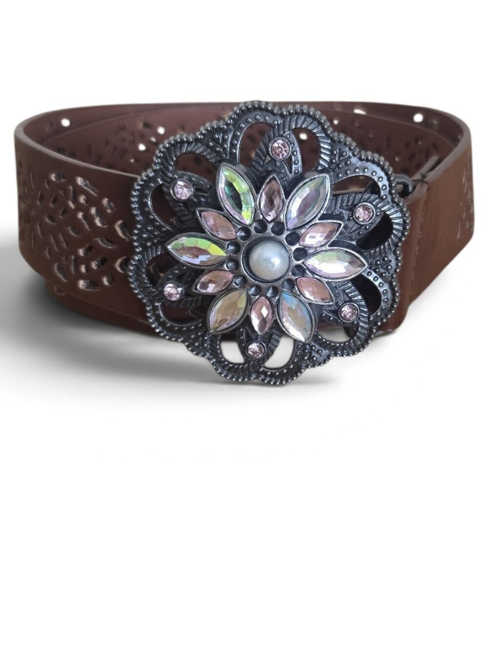 Vintage Y2K Brown Cutout Belt Rhinestone Flower Buckle MK-1058 Size 9